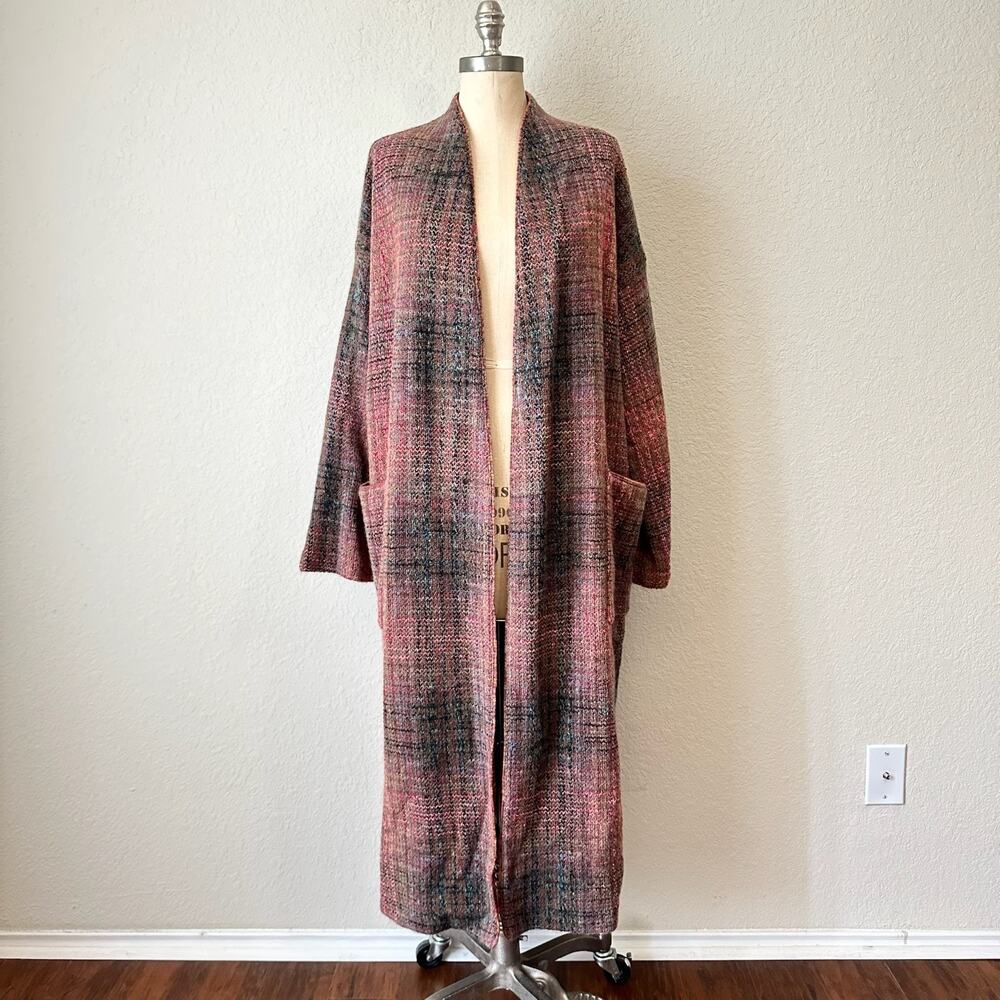 MISSONI Duster Pink Plaid Striped Wool Mohair Knit Long Cardigan NWT